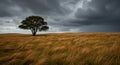 A lone tree stands on a windswept grassy plain under a dramatic, overcast sky. Royalty Free Stock Photo