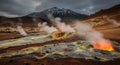 Geothermal area in Iceland featuring steaming fumaroles and hot springs, with sulfur deposits Royalty Free Stock Photo
