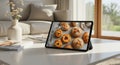 A tablet displaying a pastry recipe website is on a modern, white coffee table in a living room. Royalty Free Stock Photo