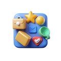 Rounded Blue Base with Glossy 3D Icons Including Star, Briefcase, Cube, Heart, and Green Handle in Playful Cartoon Style Royalty Free Stock Photo