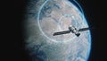 Illustration 3D abstract animation of satellite in orbit transmitting signal to Earth planet