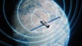 Illustration 3D abstract animation of satellite in orbit transmitting signal to Earth planet