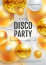 3D abstract background with colorful golden spheres and disco ball spheres. Disco ball background. Disco party poster. Royalty Free Stock Photo