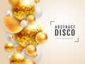 3D abstract background with colorful golden spheres and disco ball spheres. Disco ball background. Disco party poster. Royalty Free Stock Photo