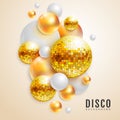 3D abstract background with colorful golden spheres and disco ball spheres. Disco ball background. Disco party poster. Royalty Free Stock Photo