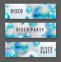 3D abstract background with holographic blue spheres and disco ball spheres. Disco ball background. Set of disco party banners. Royalty Free Stock Photo