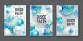 3D abstract background with holographic blue spheres and disco ball spheres. Disco ball background. Set of disco party posters. Royalty Free Stock Photo