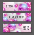 3D abstract background with holographic pink spheres and disco ball spheres. Disco ball background. Set of disco party banners. Royalty Free Stock Photo