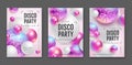 3D abstract background with holographic pink spheres and disco ball spheres. Disco ball background. Set of disco party posters. Royalty Free Stock Photo