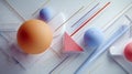 3d abstract composition featuring colorful geometric shapes including spheres, a triangle, and lines on a smooth light background Royalty Free Stock Photo