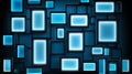 A 3D abstract composition of glowing blue neon rectangles in various sizes creating .
