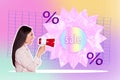 3d abstract creative artwork template collage of female announce loudspeaker shopping weird freak bizarre unusual