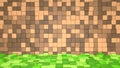 3D Abstract cubes. Video game minecraft geometric mosaic waves pattern. Construction of hills landscape using brown and green