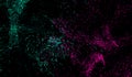 3D abstract digital technology particles fragmentation and mixing of green-pink on black background Royalty Free Stock Photo