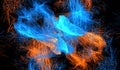 3D abstract digital technology particles fragmentation and mixing of orange-blue on black background Royalty Free Stock Photo