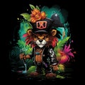 2D abstract feather graffiti jaguar wearing pirates uniforms surrounder by colorful trophical plants