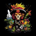 2D abstract feather graffiti jaguar wearing pirates uniforms surrounder by colorful trophical plants