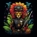 2D abstract feather graffiti jaguar wearing pirates uniforms surrounder by colorful trophical plants