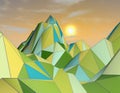 3d abstract futuristic landscape with clouds and geometric mountains.