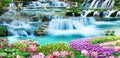 3d mural colorful landscape . flowers branches multi colors with trees and water . Waterfall and flying birds . suitable for print Royalty Free Stock Photo