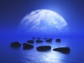 3D abstract landscape with planet and stepping stones in the ocean Royalty Free Stock Photo