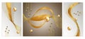 3d abstract minimal boho wall art. golden spheres and curvy lines on light gray background.