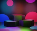 3d abstract minimal geometric forms. RGB CYMK light podium for your design. Fashion show stage, shopfront. Empty scene for