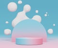 3d abstract minimalist geometric forms. Blue Pink gradients luxury podium for your design with white balloon or soap bubbles