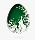 3d abstract paper cut illustration of colorful paper art easter rabbit family, grass, flowers and green egg shape. Royalty Free Stock Photo