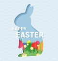 3d abstract paper cut illustration of colorful paper art easter rabbit, grass, flowers and egg hunt. Royalty Free Stock Photo