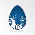 3d abstract paper cut illustration of colorful rabbit family, grass, and blue egg shape.