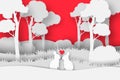 3d abstract paper cut illustration of rectangle shape with rabbit couple in the forest. Vector colorful greeting card Royalty Free Stock Photo