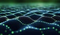 3D Abstract Representation of Wavy Surface with Green Dots and Mesh Structure, Digital Visualization of Data Patterns