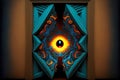 3d abstract rhombic door with blue circle and fiery tongues extending towards center