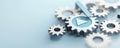 A 3D abstract search engine icon with floating gears, symbolizing the mechanics behind digital search