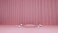 3D abstract studio room with pedestal podium. Pastel pink geometric platform with shiny pearls and backdrop. Modern minimal scene