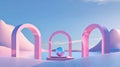 3d abstract surreal pastel landscape background with arches and podium for showing product. Panoramic view. 3d render