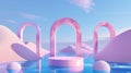 3d abstract surreal pastel landscape background with arches and podium for showing product. Panoramic view. 3d render