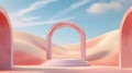 3d abstract surreal pastel landscape background with arches and podium for showing product. Panoramic view. 3d render