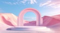 3d abstract surreal pastel landscape background with arches and podium for showing product. Panoramic view. 3d render
