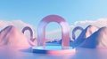 3d abstract surreal pastel landscape background with arches and podium for showing product. Panoramic view. 3d render