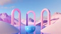 3d abstract surreal pastel landscape background with arches and podium for showing product. Panoramic view. 3d render