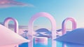 3d abstract surreal pastel landscape background with arches and podium for showing product. Panoramic view. 3d render