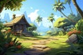 2D abstract tranquil village background environment for mobile adventure or battle game.