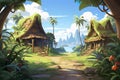 2D abstract tranquil village background environment for mobile adventure or battle game.