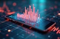 3D abstract visualization of financial data on mobile device screen. Digital graphs, charts rise from phone display. Tech Royalty Free Stock Photo