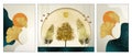 3d abstract wall frame decor. golden lines, circles, trees, feathers, ginkgo biloba, sun, and sphere in light marble background