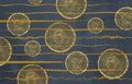 3d abstract wallpaper mural art. golden curvy lines and circles on black background Royalty Free Stock Photo