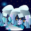 3D Abstract winter night forest landscape with village, mountains, moon and starry sky. Vector drawing in cartoon style Royalty Free Stock Photo