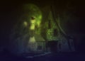 3D Abstract witch house in night forest and ghost Royalty Free Stock Photo